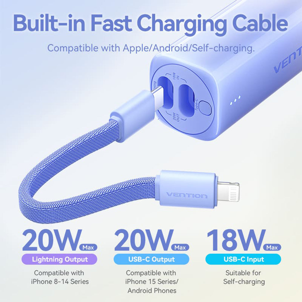 Baterie externa Type-C, Lightning Vention, 5000mAh, roz