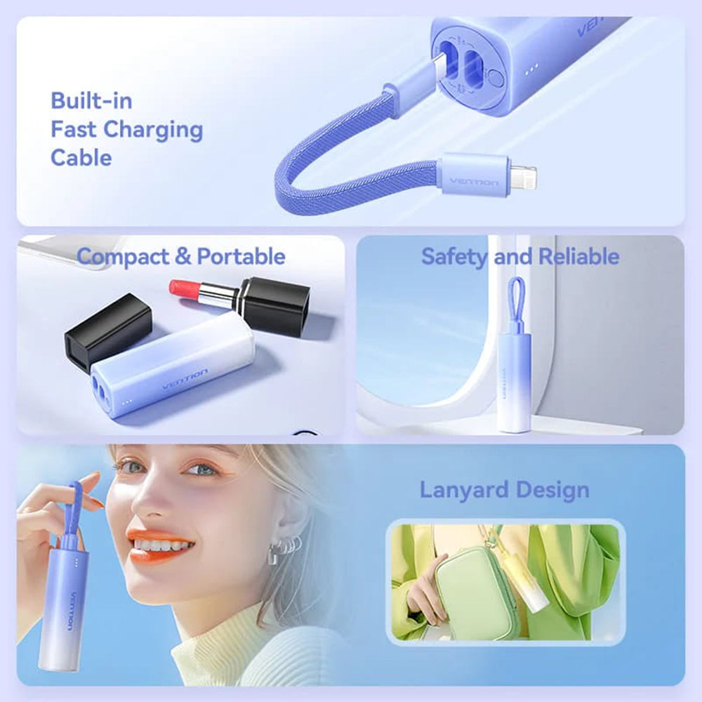 Baterie externa Type-C, Lightning Vention, 5000mAh, roz