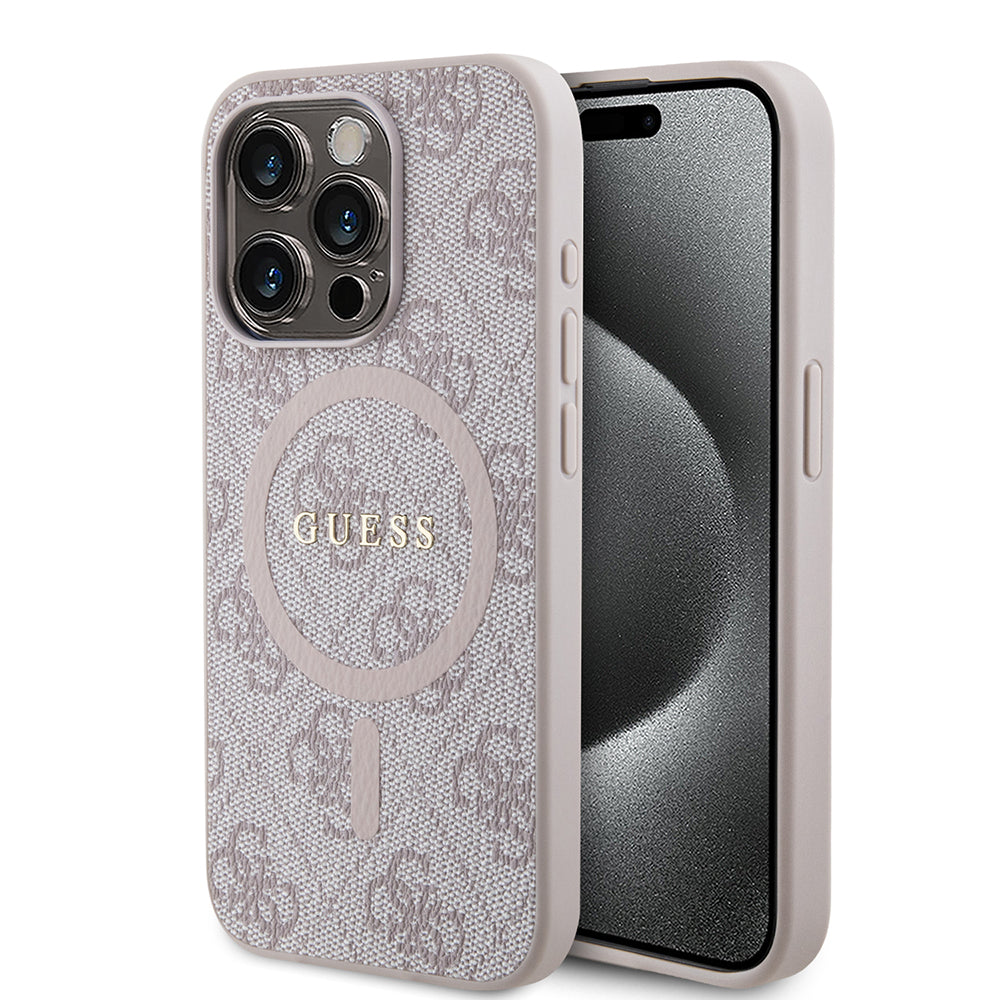 Husa Guess iPhone 15 Pro Max 4G Collection Leather MagSafe, roz