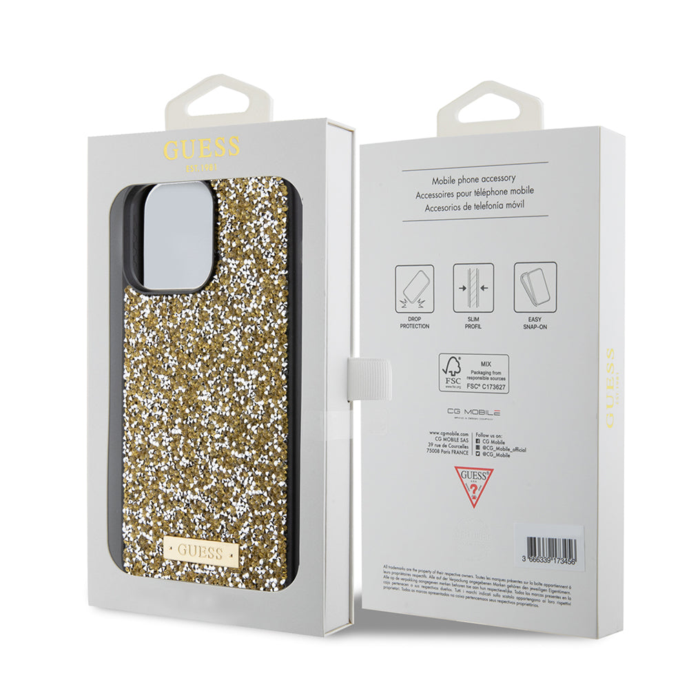 Husa originala Guess iPhone 15 Pro Max Rhinestone Metal Logo, galben