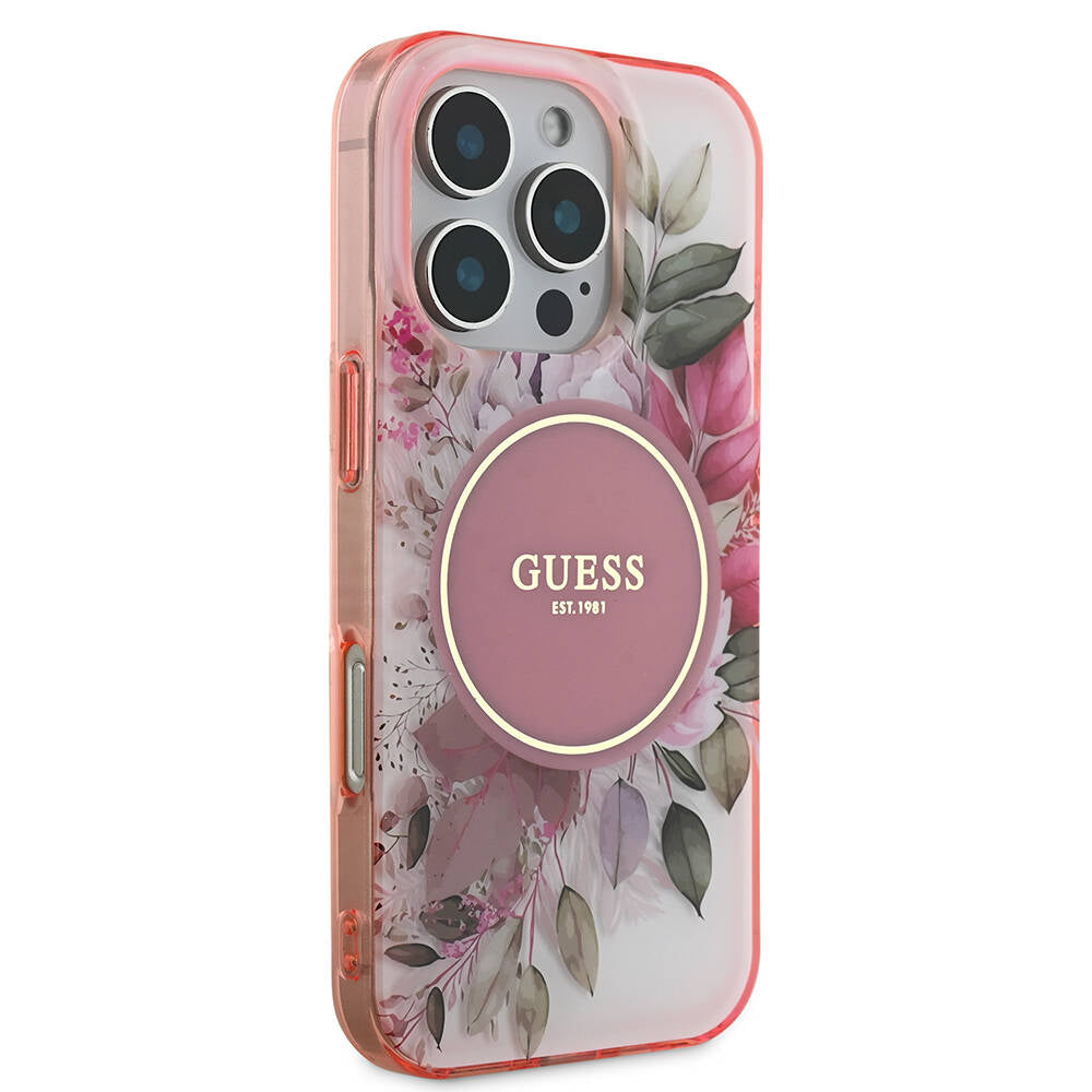 Husa iPhone 16 Pro originala Guess IML Flower & Tonal Circle MagSafe, roz