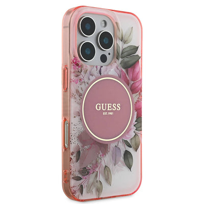 Husa iPhone 16 Pro originala Guess IML Flower & Tonal Circle MagSafe, roz