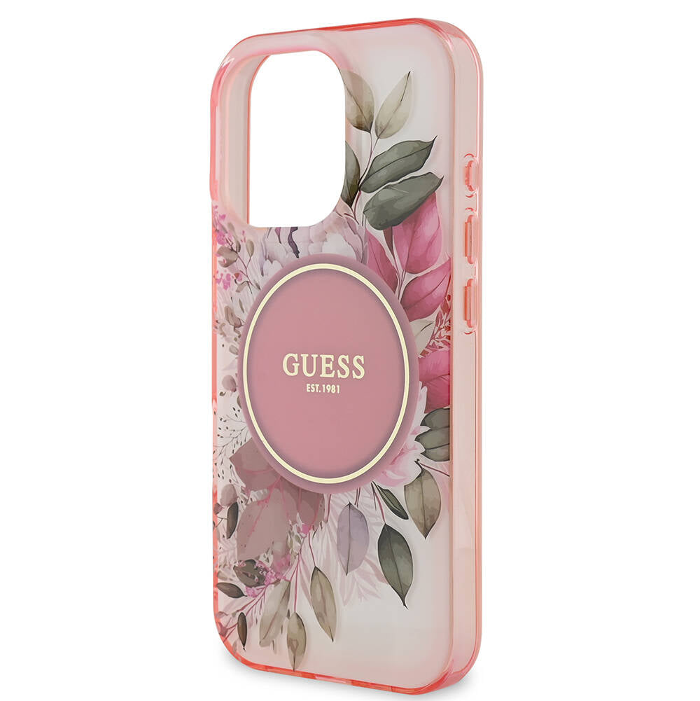 Husa iPhone 16 Pro originala Guess IML Flower & Tonal Circle MagSafe, roz