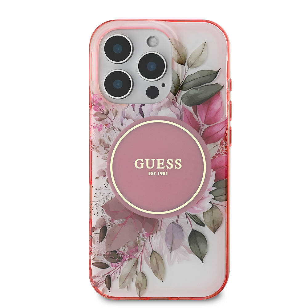 Husa iPhone 16 Pro originala Guess IML Flower & Tonal Circle MagSafe, roz