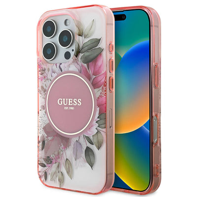 Husa iPhone 16 Pro originala Guess IML Flower & Tonal Circle MagSafe, roz
