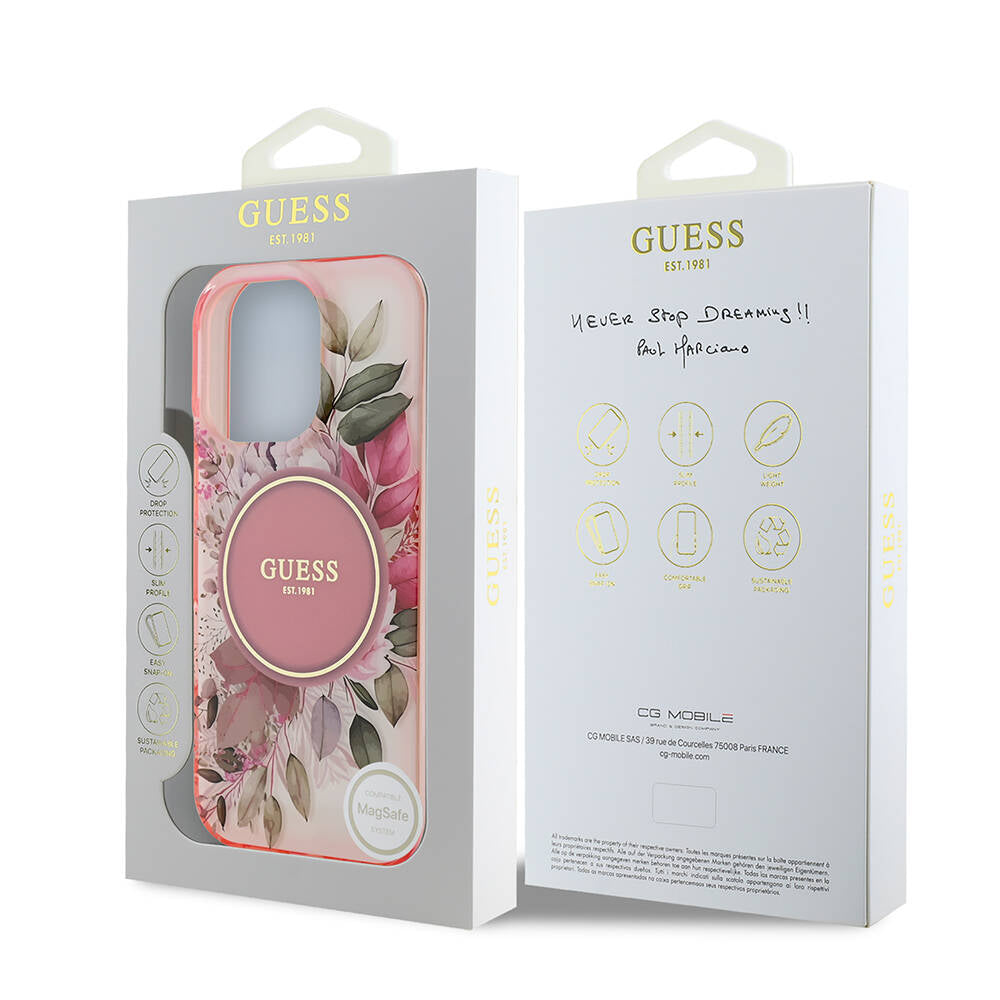 Husa iPhone 16 Pro originala Guess IML Flower & Tonal Circle MagSafe, roz