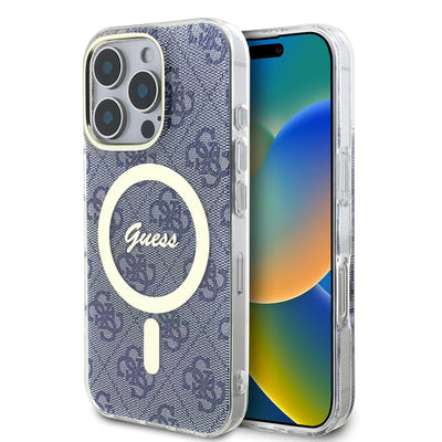 Husa iPhone 16 Pro originala Guess IML 4G MagSafe, albastru