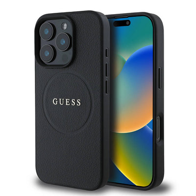 Husa iPhone 16 Pro Guess Grained Gold Ring MagSafe, negru
