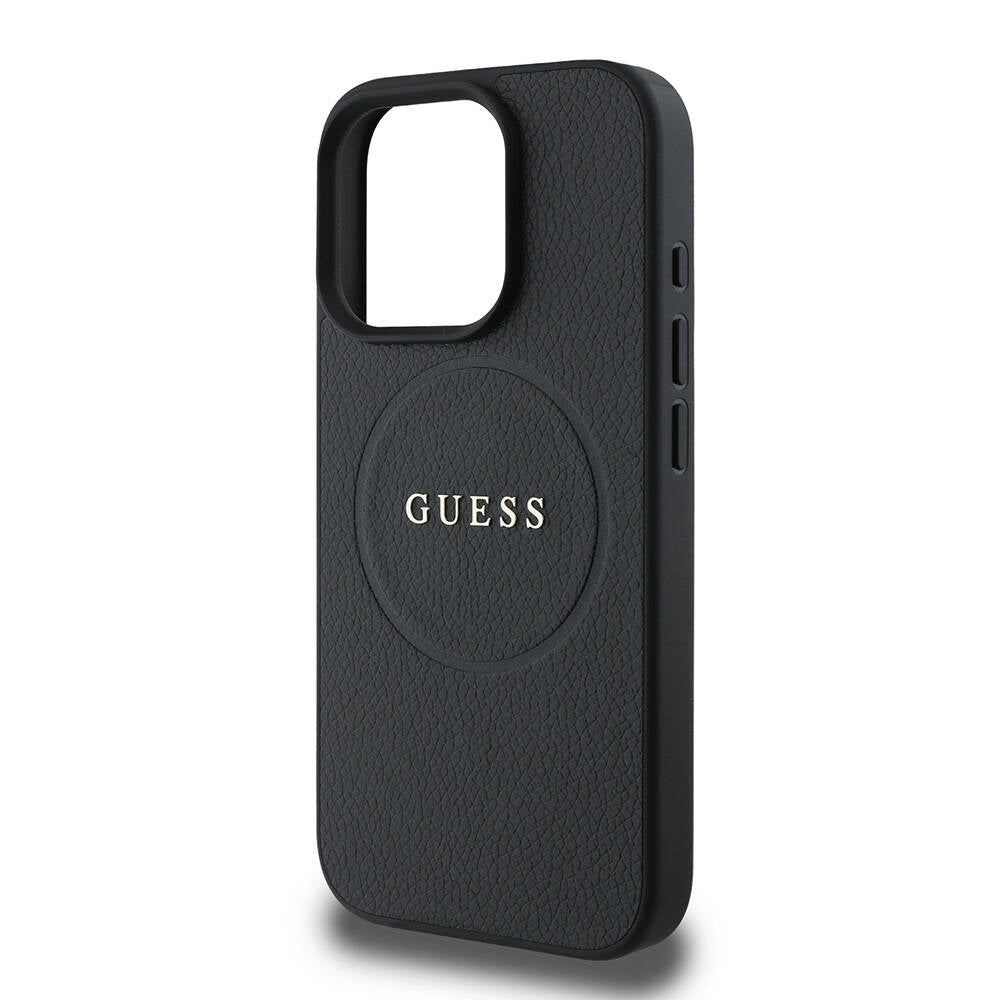 Husa iPhone 16 Pro Guess Grained Gold Ring MagSafe, negru