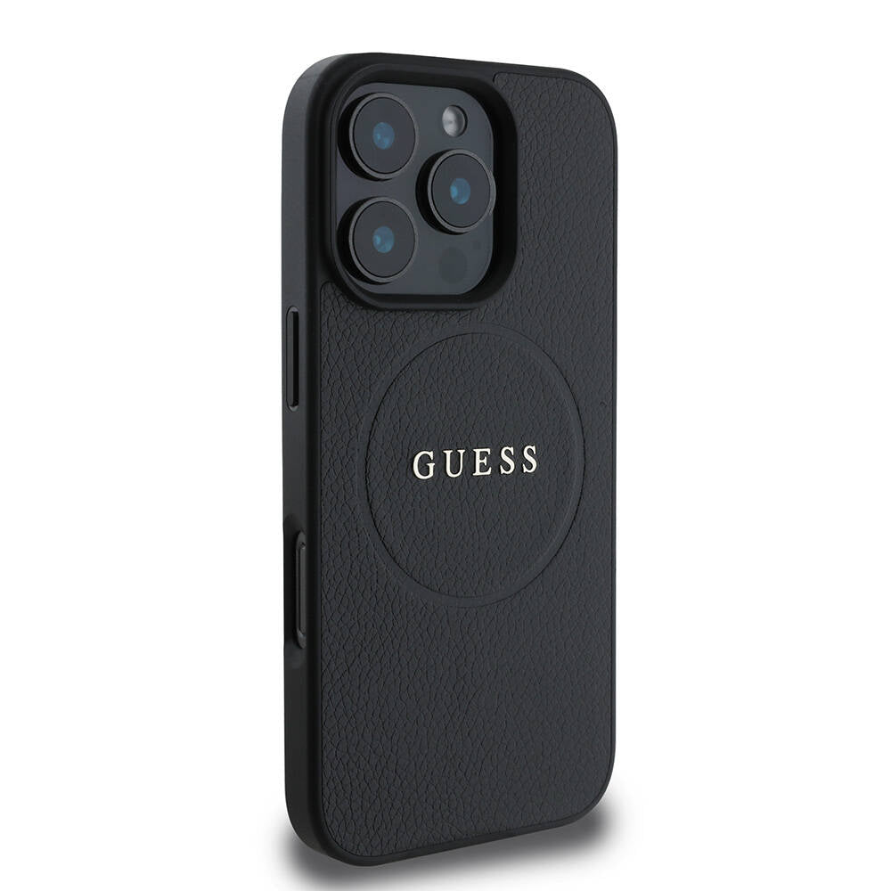 Husa iPhone 16 Pro Guess Grained Gold Ring MagSafe, negru