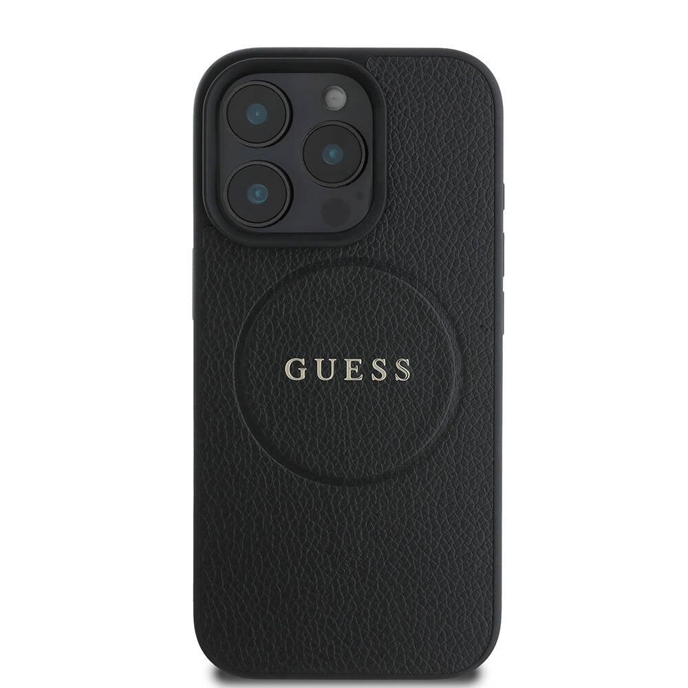 Husa iPhone 16 Pro Guess Grained Gold Ring MagSafe, negru