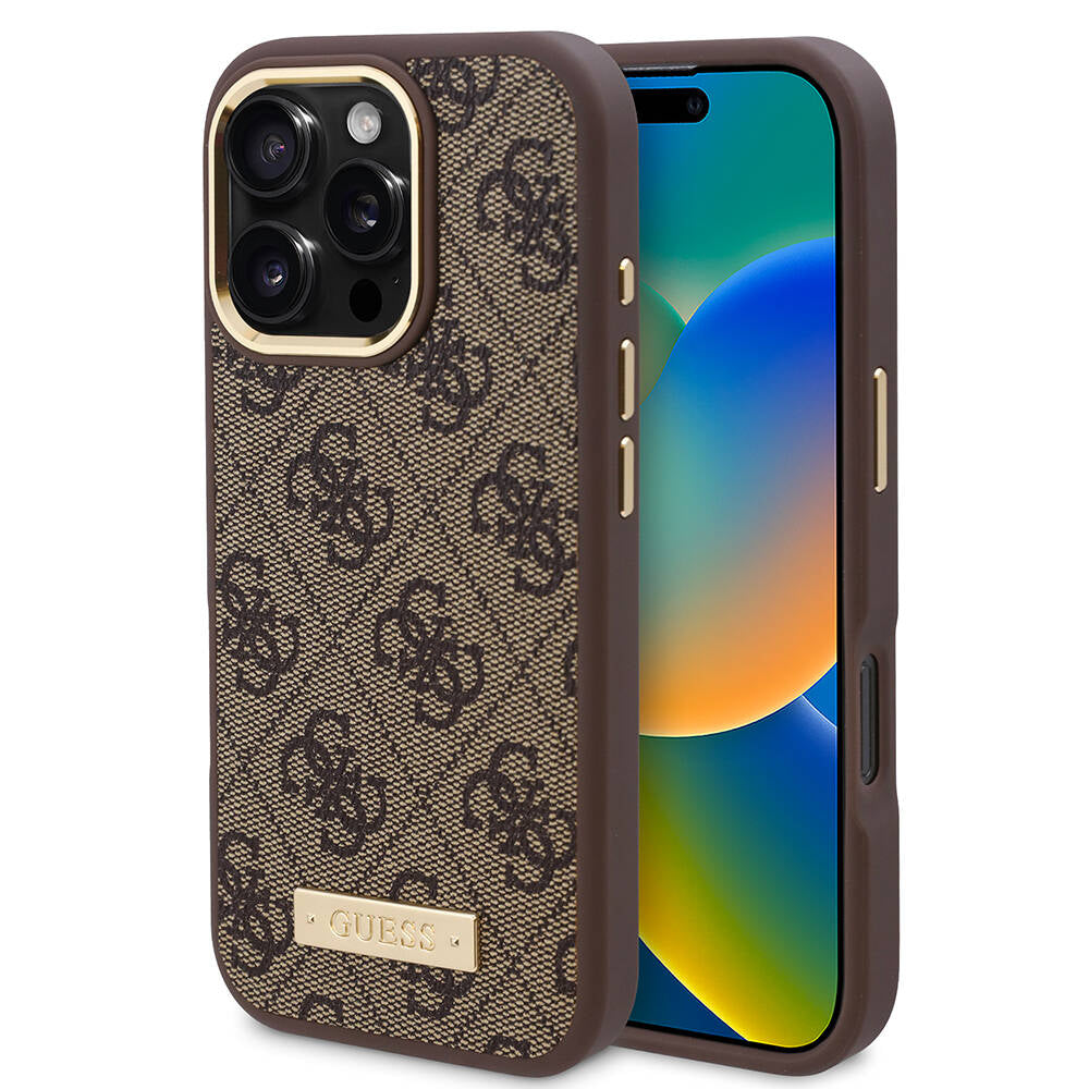 Husa originala Guess iPhone 16 Pro Hardcase 4G Logo Plate MagSafe, maro