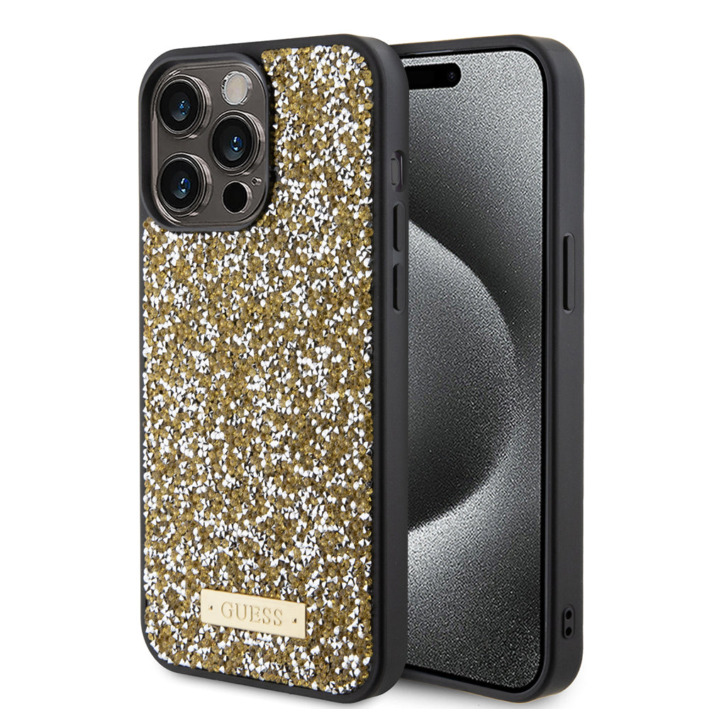 Husa originala Guess iPhone 15 Pro Max Rhinestone Metal Logo, galben