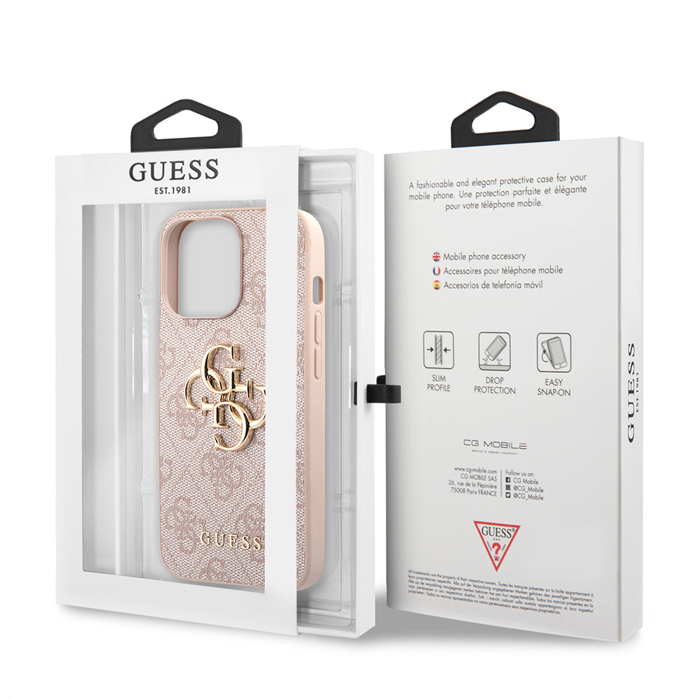 Husa iPhone 13 Pro Guess Leather 4G Metal Logo, roz