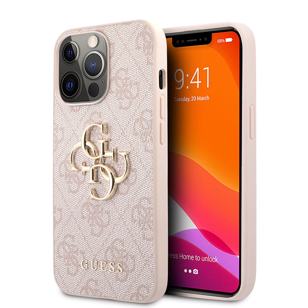 Husa iPhone 13 Pro Guess Leather 4G Metal Logo, roz