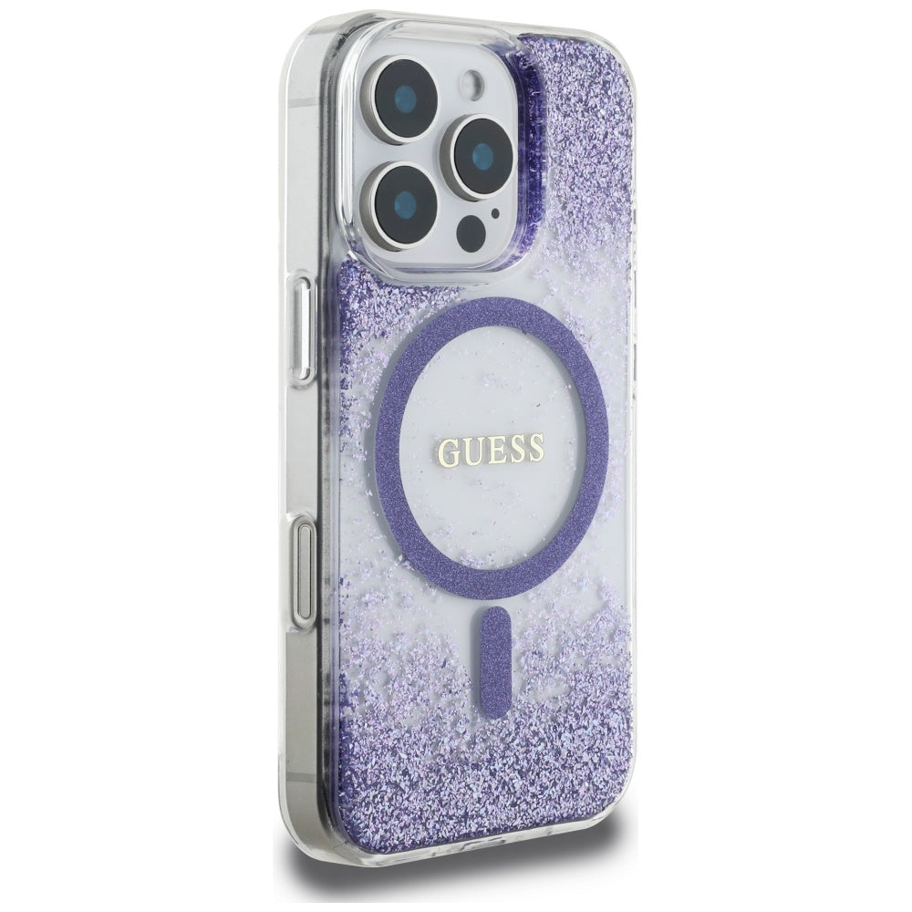 Husa originala Guess iPhone 16 Pro Hardcase Resin Bottom Glitter MagSafe, mov