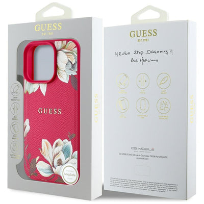 Husa iPhone 16 Pro Guess Grained Flowers MagSafe, fucsia