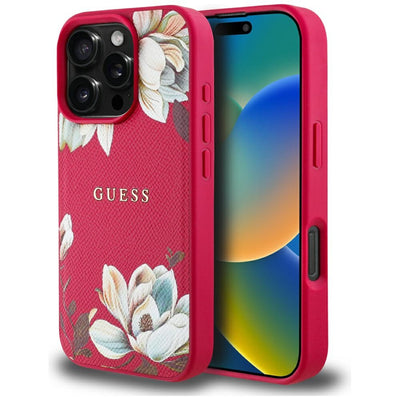 Husa iPhone 16 Pro Guess Grained Flowers MagSafe, fucsia