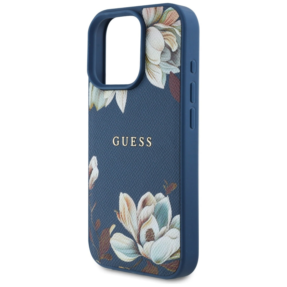 Husa iPhone 16 Pro Guess Grained Flowers MagSafe, albastru