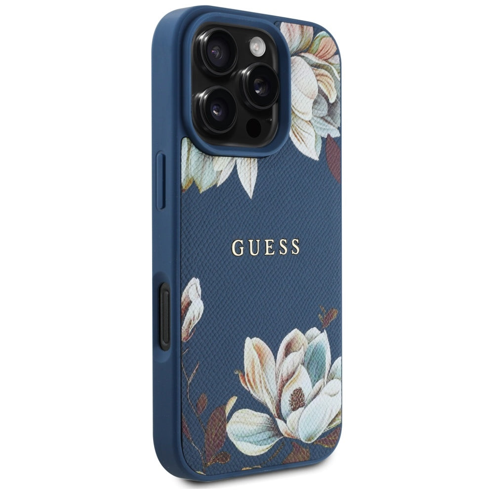 Husa iPhone 16 Pro Guess Grained Flowers MagSafe, albastru