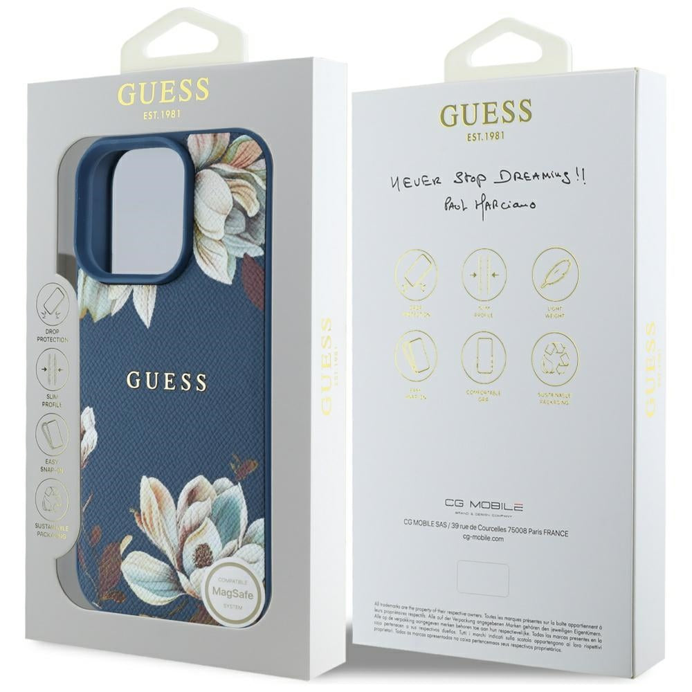 Husa iPhone 16 Pro Guess Grained Flowers MagSafe, albastru