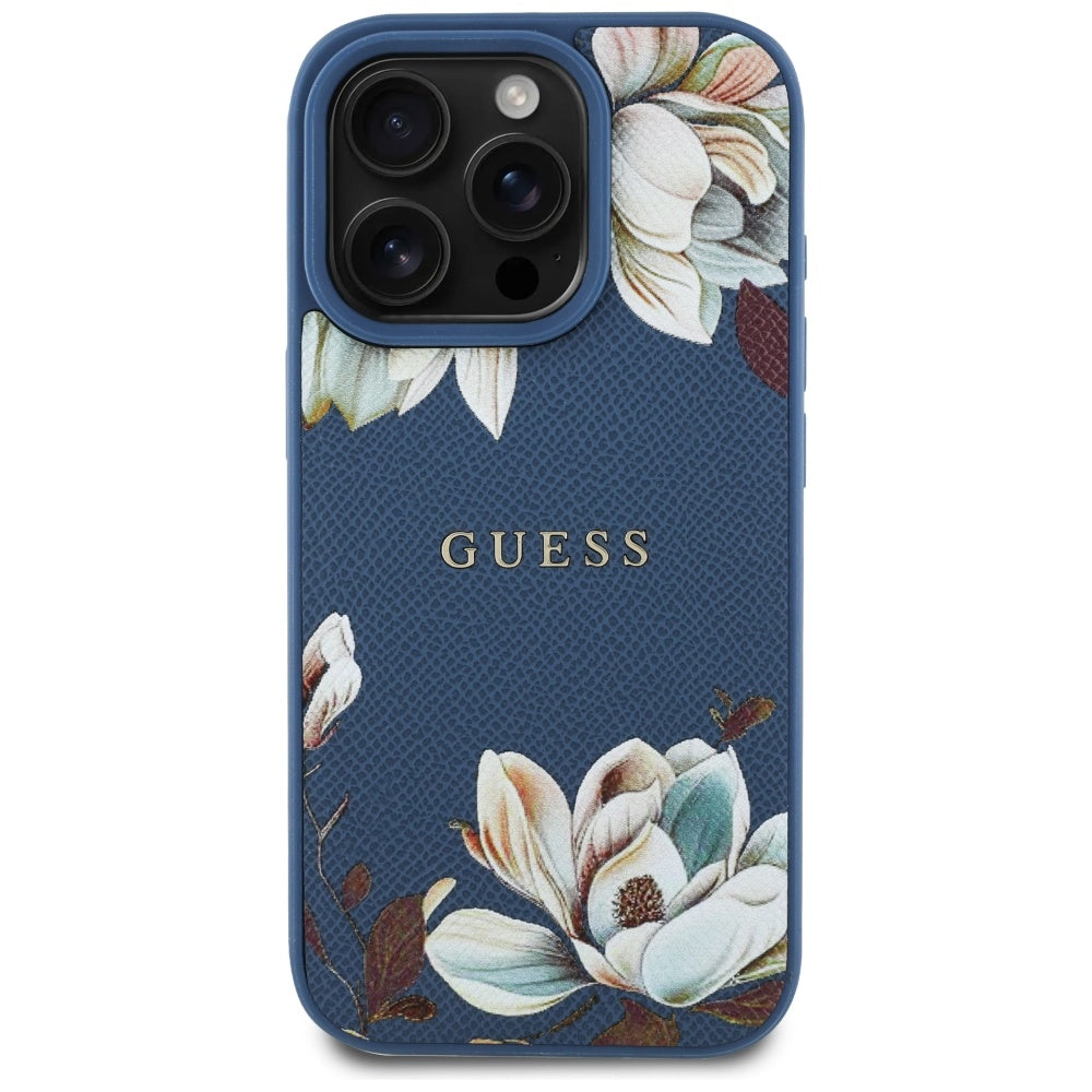 Husa iPhone 16 Pro Guess Grained Flowers MagSafe, albastru