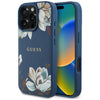 Husa iPhone 16 Pro Guess Grained Flowers MagSafe, albastru
