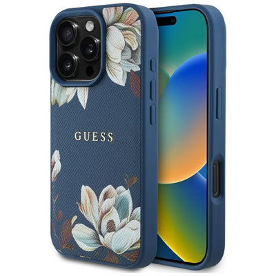 Husa iPhone 16 Pro Guess Grained Flowers MagSafe, albastru