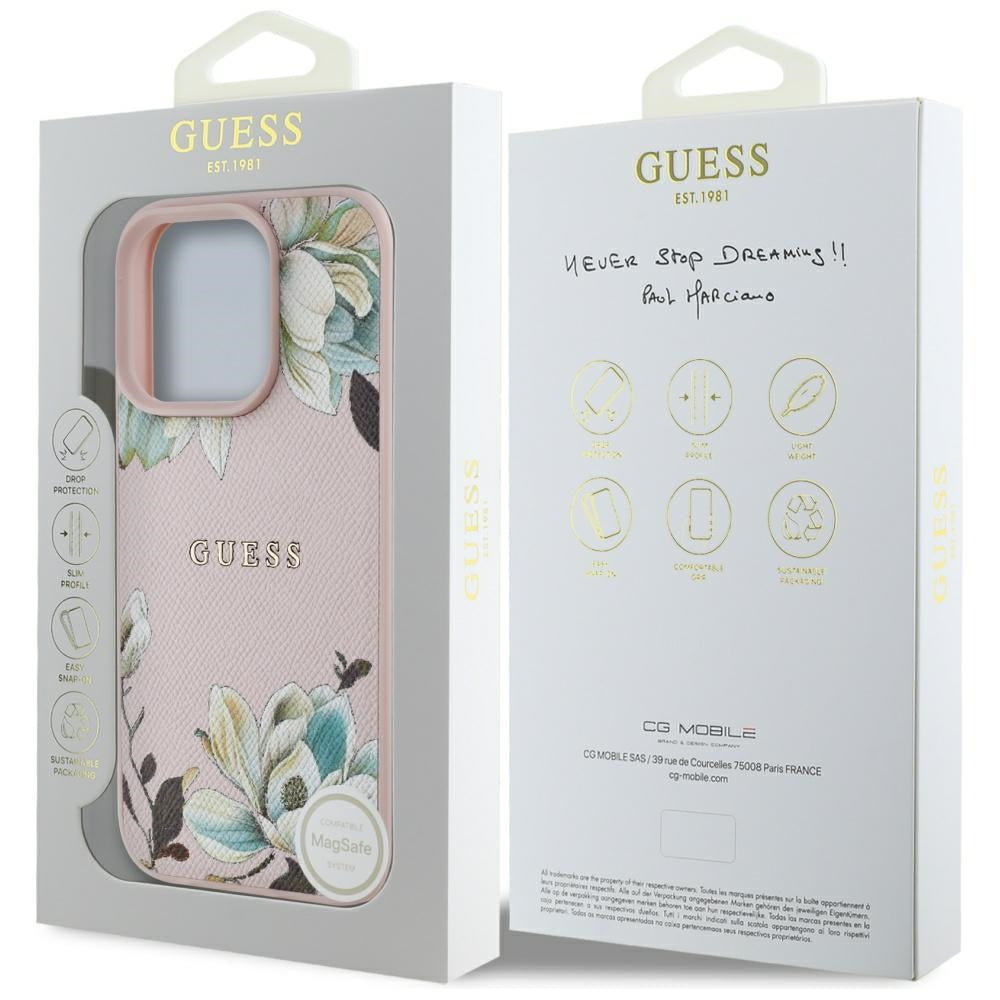 Husa iPhone 16 Pro Guess Grained Flowers MagSafe, roz