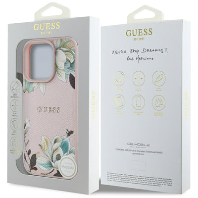 Husa iPhone 16 Pro Guess Grained Flowers MagSafe, roz