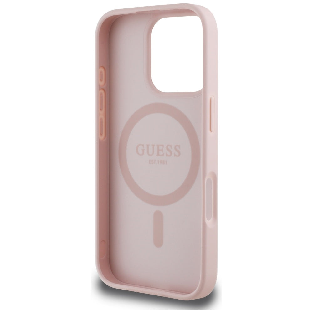 Husa iPhone 16 Pro Guess Grained Flowers MagSafe, roz