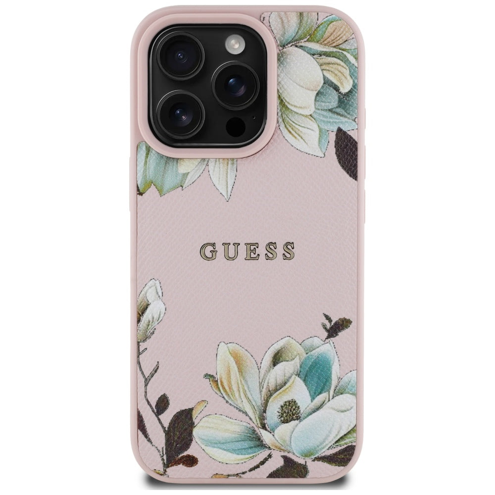 Husa iPhone 16 Pro Guess Grained Flowers MagSafe, roz