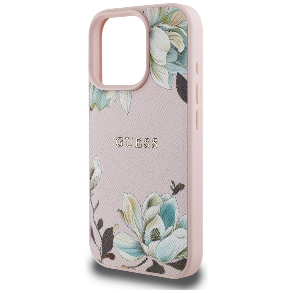 Husa iPhone 16 Pro Guess Grained Flowers MagSafe, roz