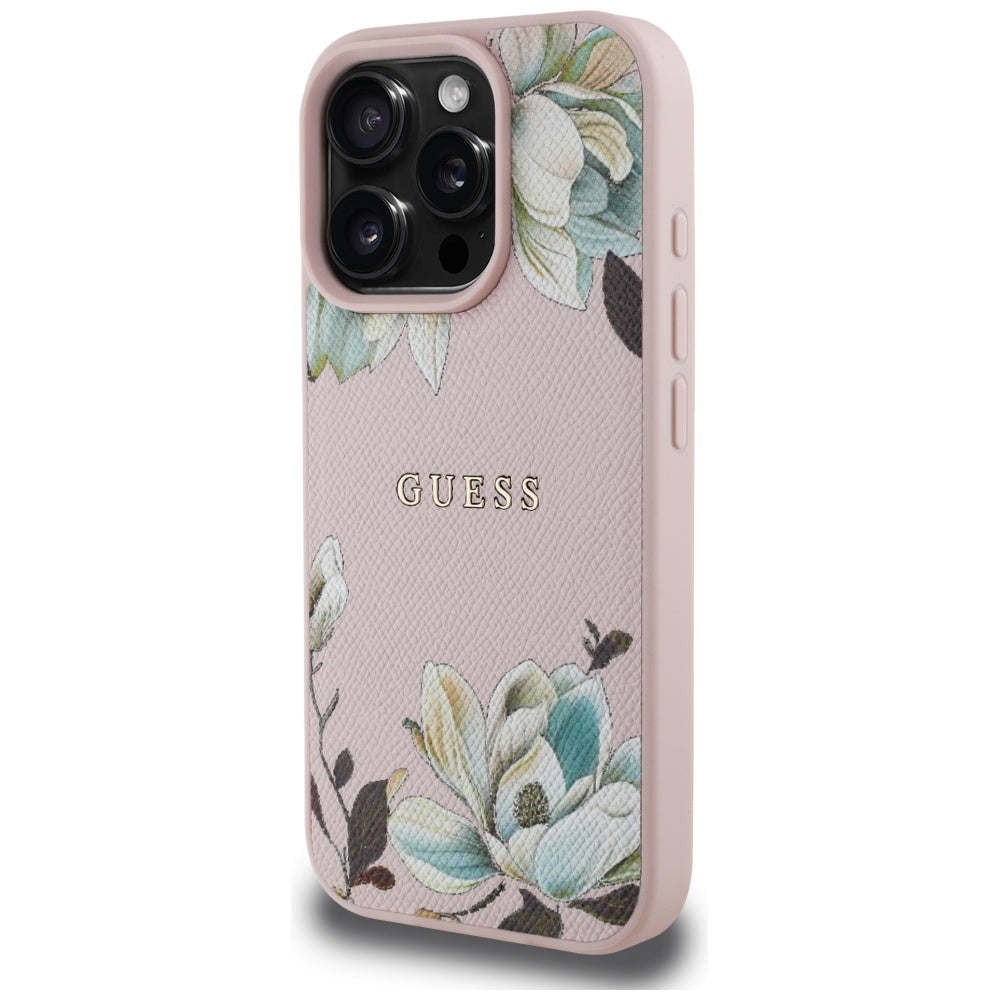 Husa iPhone 16 Pro Guess Grained Flowers MagSafe, roz