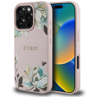 Husa iPhone 16 Pro Guess Grained Flowers MagSafe, roz