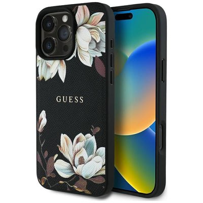 Husa iPhone 16 Pro Guess Grained Flowers MagSafe, negru