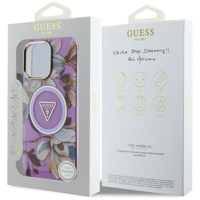 Husa iPhone 16 Pro originala Guess IML Metal Glitter Flowers Triangle MagSafe, mov