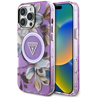 Husa iPhone 16 Pro originala Guess IML Metal Glitter Flowers Triangle MagSafe, mov