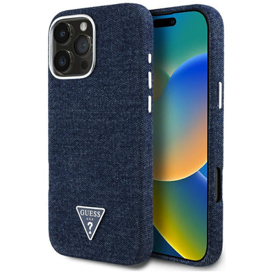 Husa iPhone 16 Pro Guess Denim Triangle Logo MagSafe, albastru