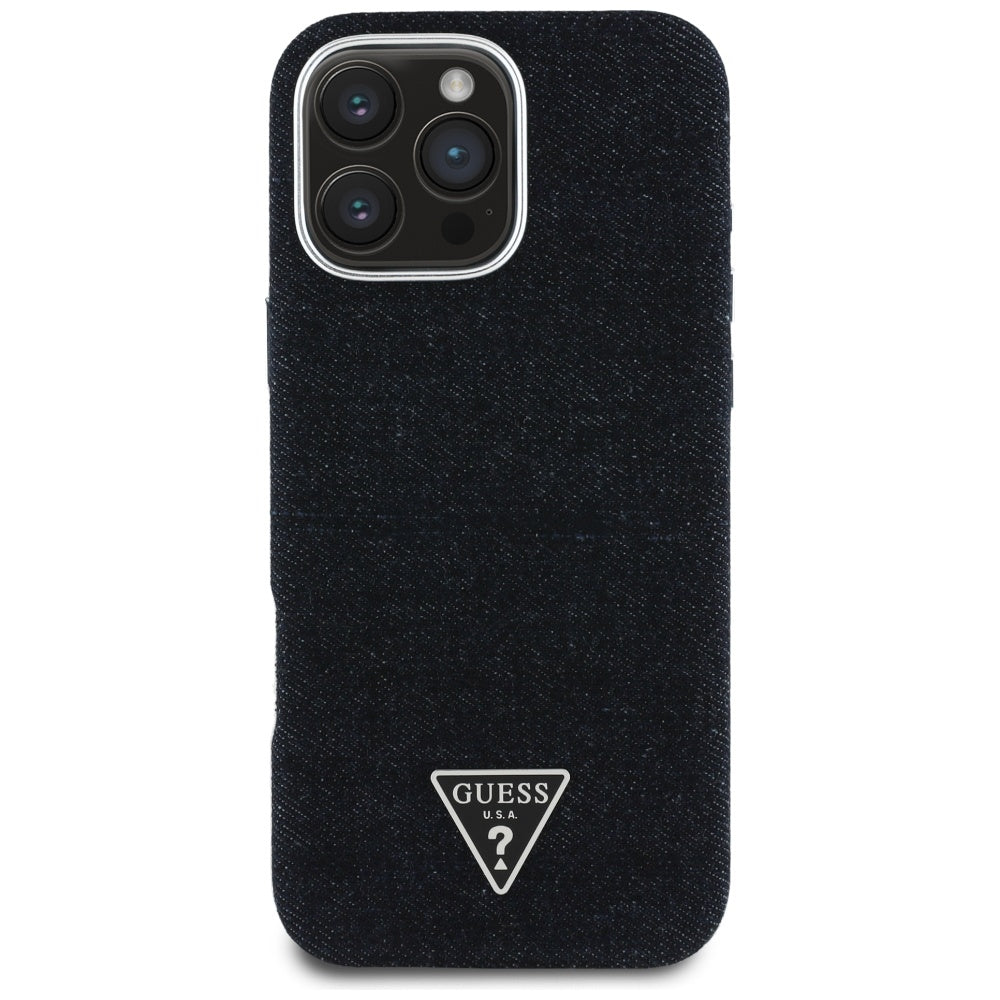 Husa iPhone 16 Pro Guess Denim Triangle Logo MagSafe, negru