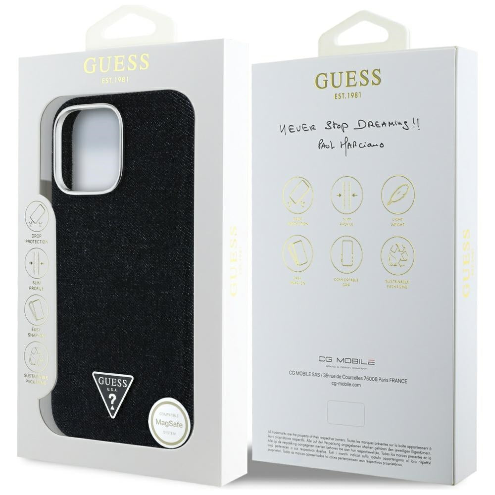 Husa iPhone 16 Pro Guess Denim Triangle Logo MagSafe, negru