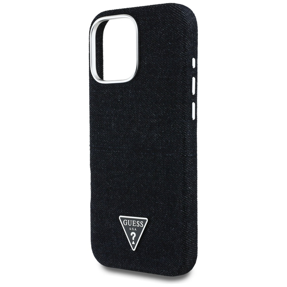 Husa iPhone 16 Pro Guess Denim Triangle Logo MagSafe, negru