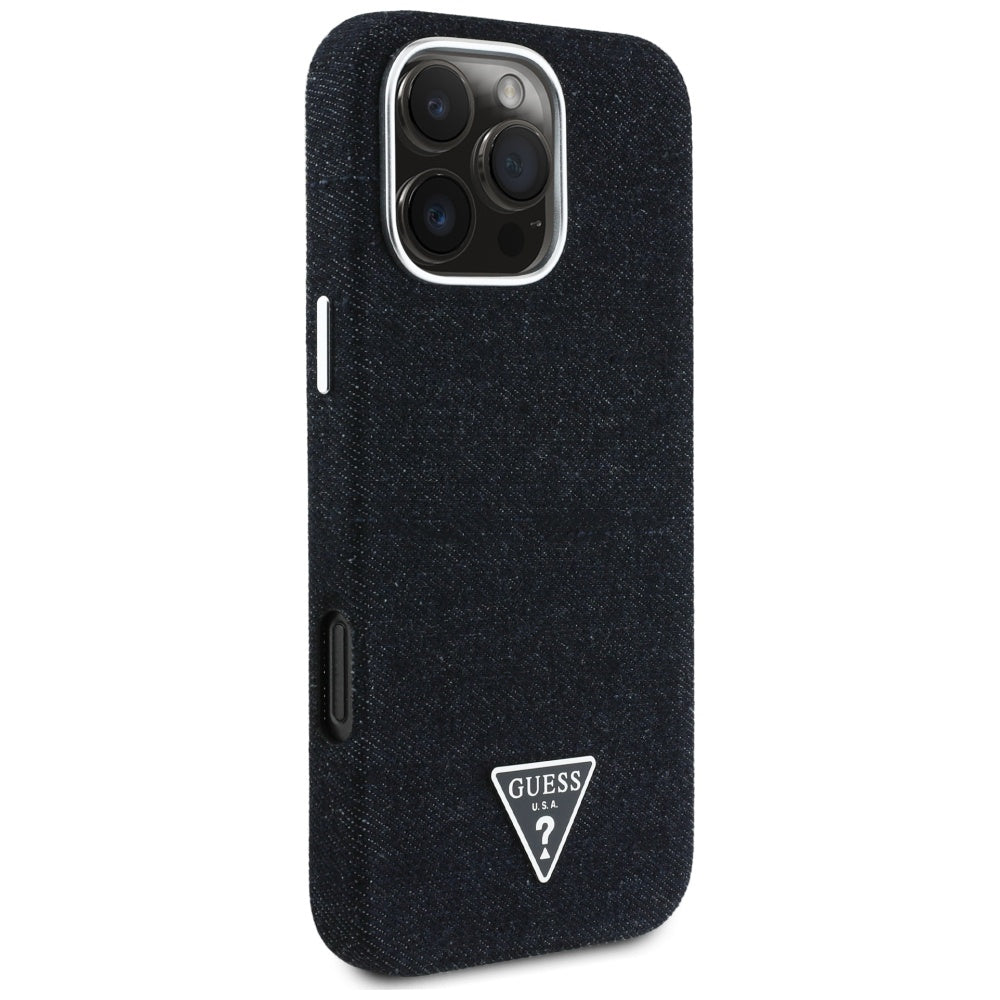 Husa iPhone 16 Pro Guess Denim Triangle Logo MagSafe, negru