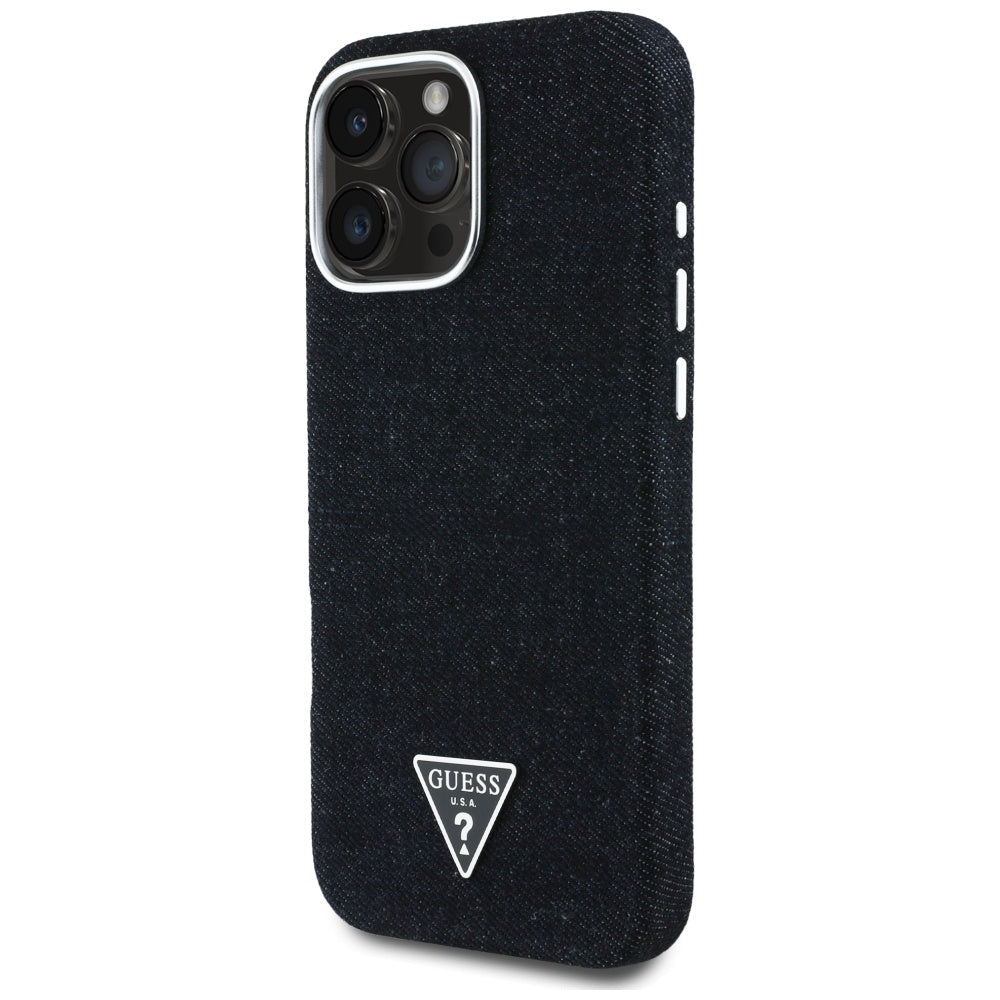 Husa iPhone 16 Pro Guess Denim Triangle Logo MagSafe, negru