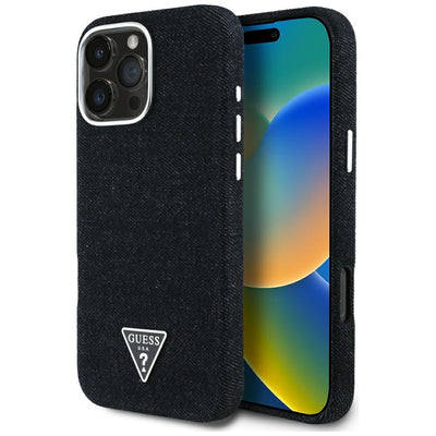 Husa iPhone 16 Pro Guess Denim Triangle Logo MagSafe, negru