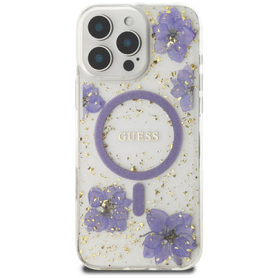 Husa originala Guess iPhone 16 Pro Hardcase Resin Flowers and Glitter MagSafe, mov