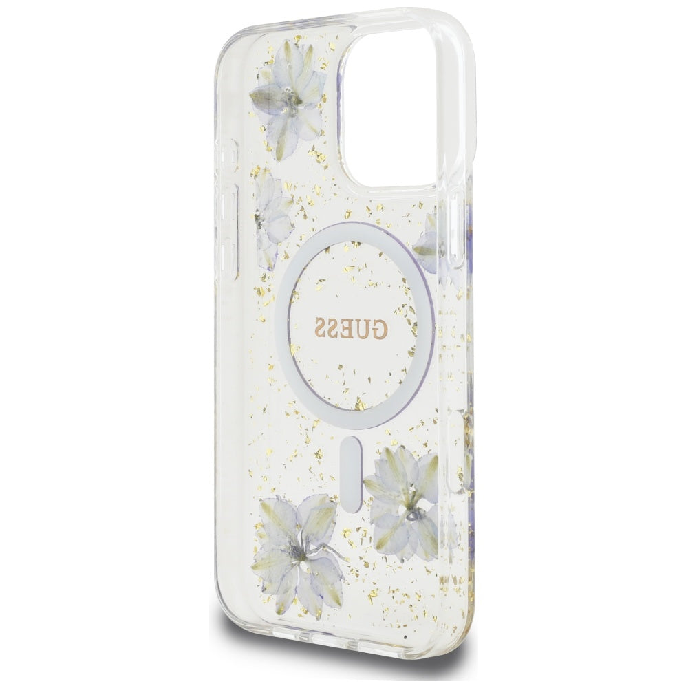 Husa originala Guess iPhone 16 Pro Hardcase Resin Flowers and Glitter MagSafe, mov