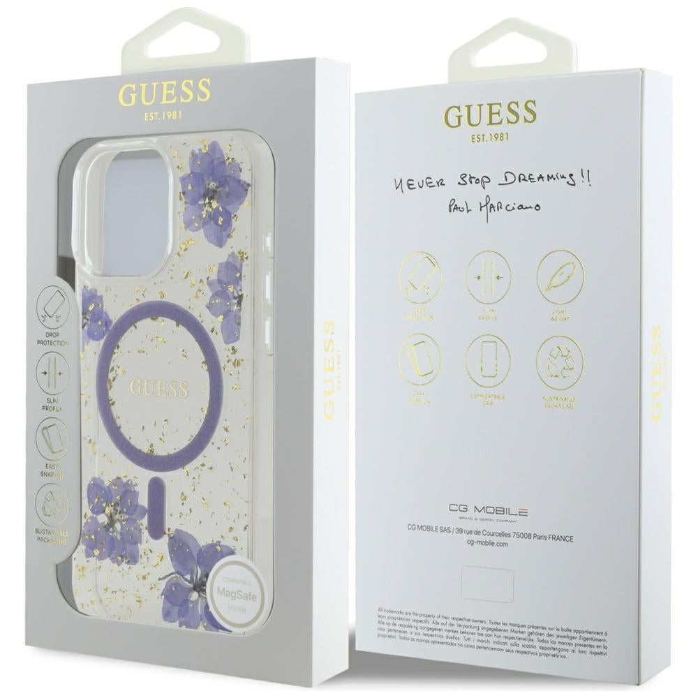 Husa originala Guess iPhone 16 Pro Hardcase Resin Flowers and Glitter MagSafe, mov