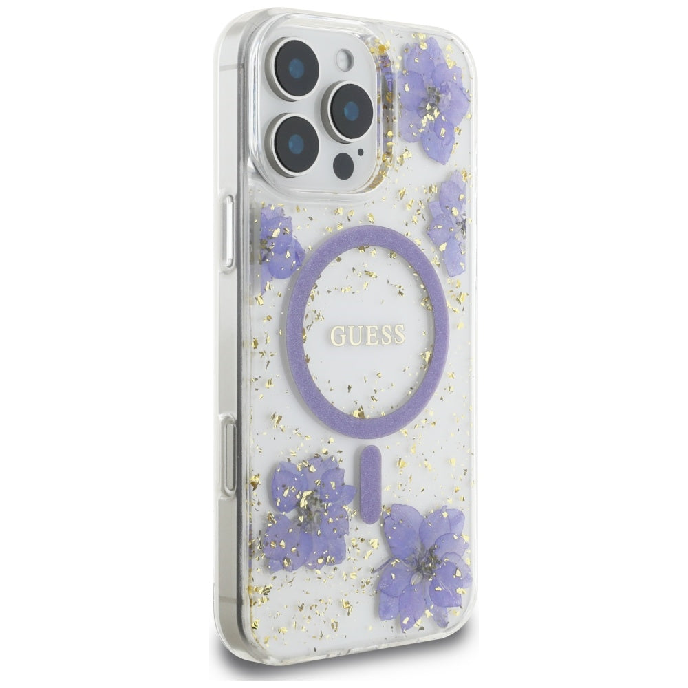 Husa originala Guess iPhone 16 Pro Hardcase Resin Flowers and Glitter MagSafe, mov