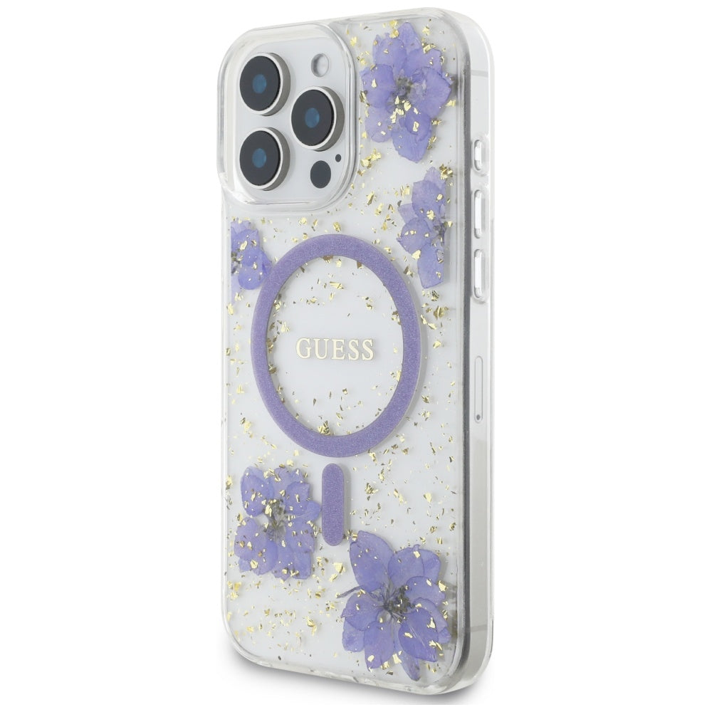 Husa originala Guess iPhone 16 Pro Hardcase Resin Flowers and Glitter MagSafe, mov